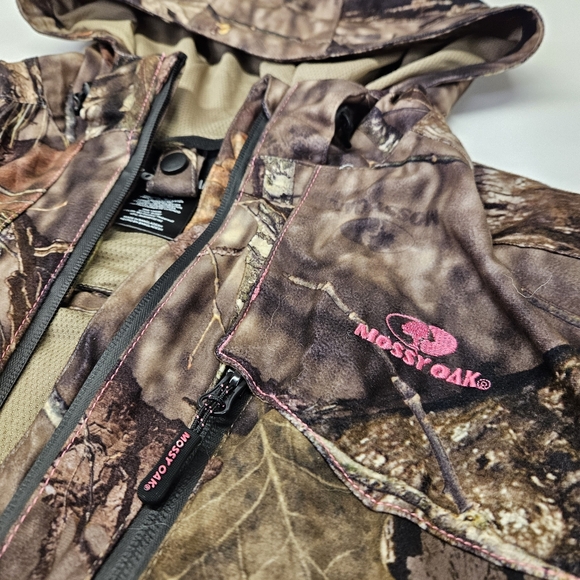 Womens Cabelas Large Mossy Oak Camo Hooded Full Zip Pink Accents Scent Factor - Picture 2 of 11